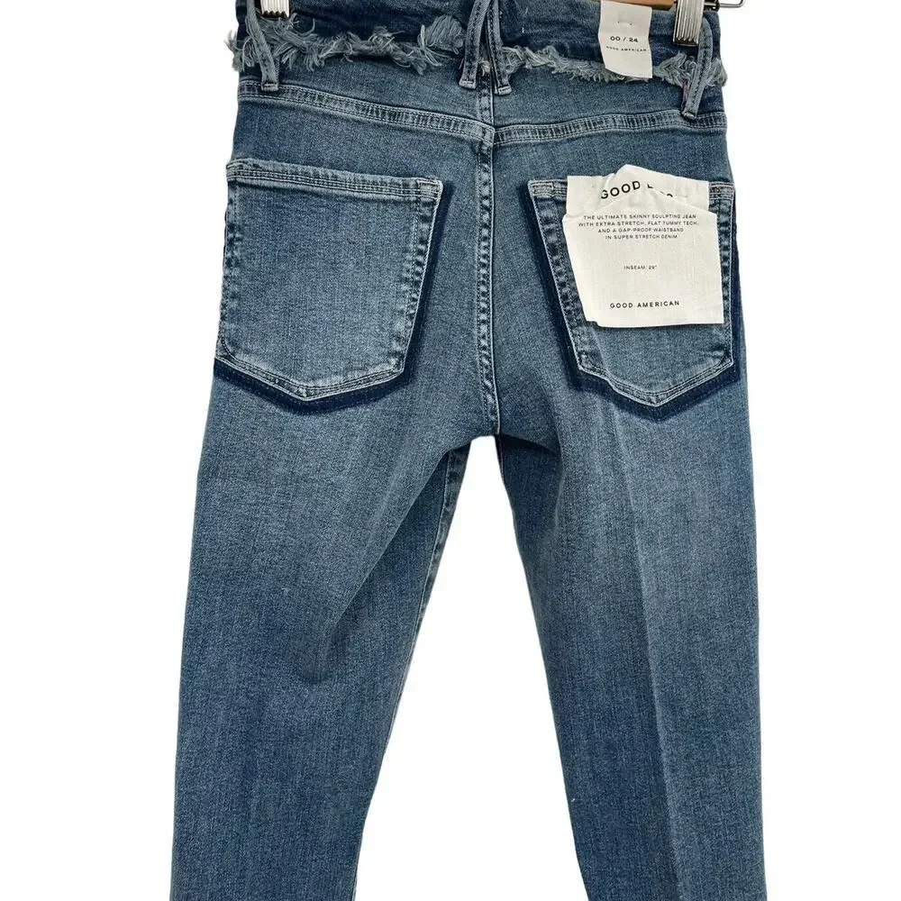 Good American Good Legs Under Fray Waistband High Rise Skinny Jeans Size 00 - Picture 5 of 13